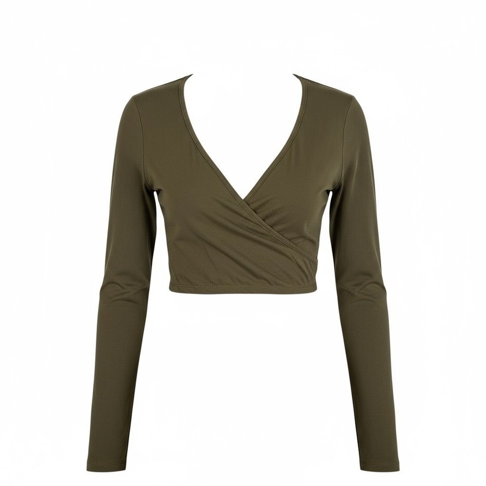 Long Sleeve Olive Green Crop Top Deep V Neck Criss Cross Sexy Casual Small